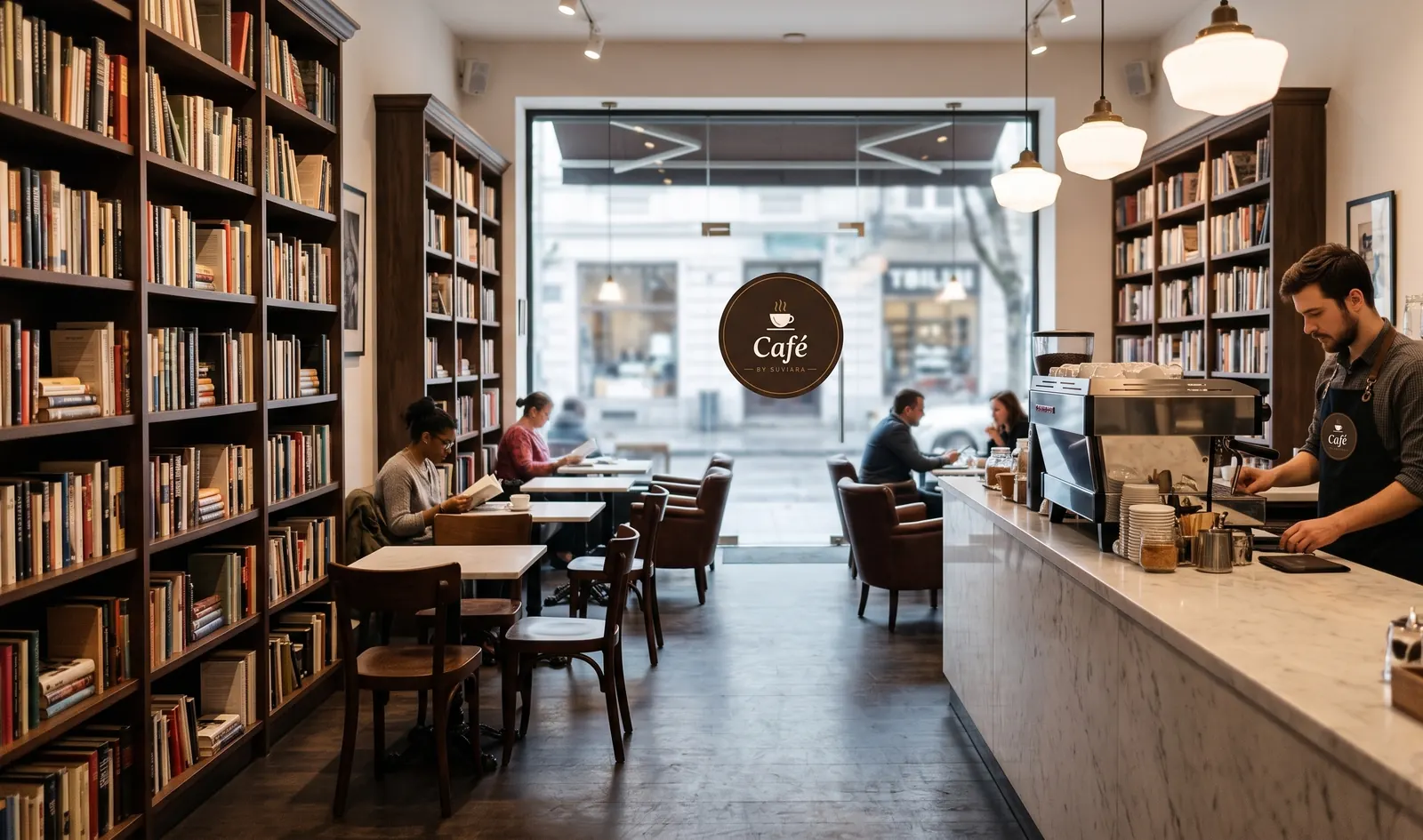 Guests reading at window tables between tall bookshelves while a barista prepares coffee at a marble counter