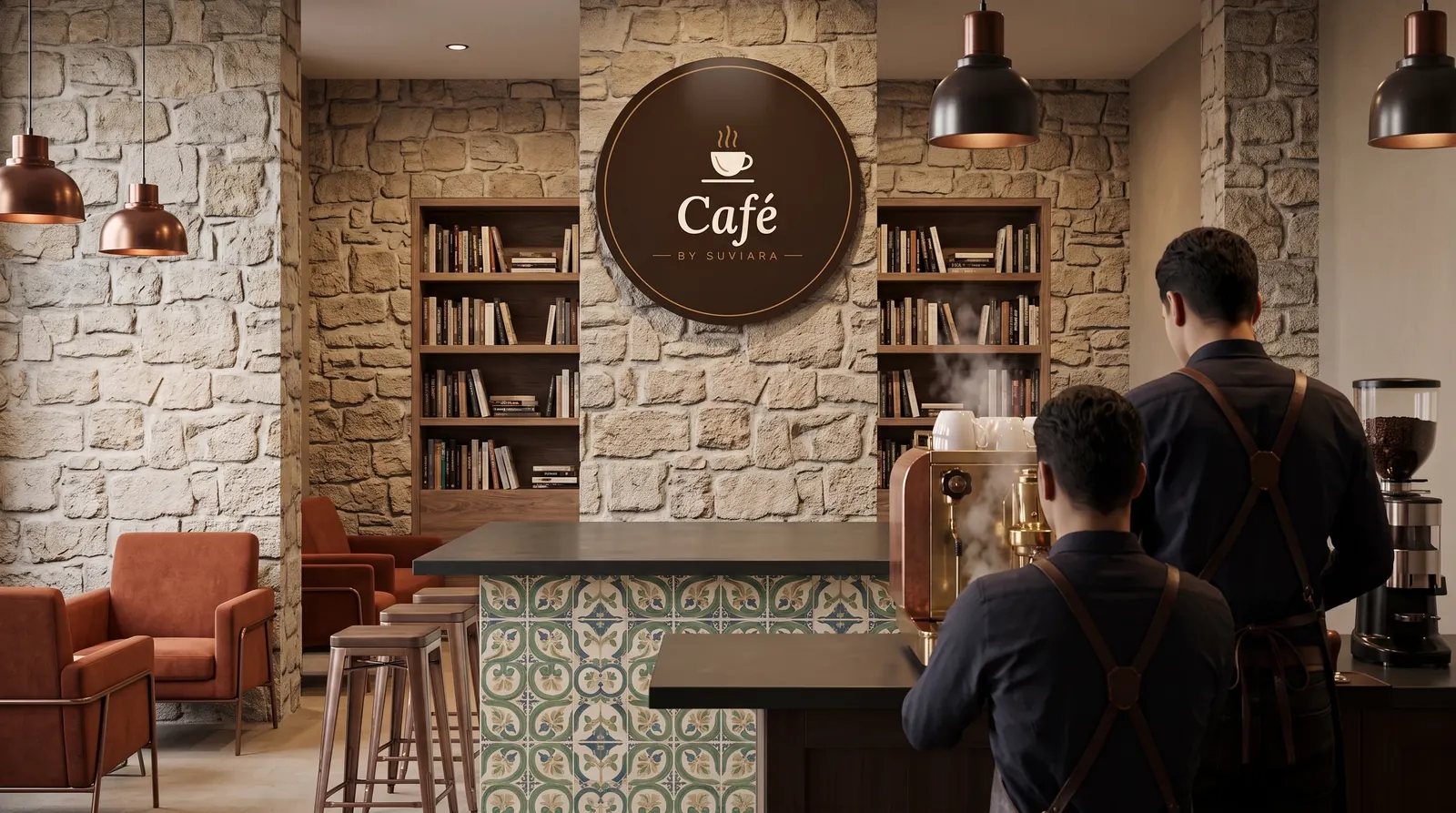 Baristas at a copper espresso machine beside a hand-painted tile counter, stone walls and bookshelves, under the Café by Suviara sign